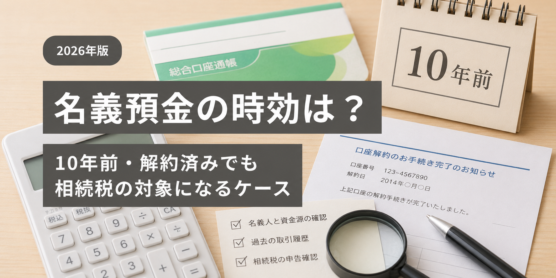 名義預金の時効と10年前・解約済み預金の相続税上の確認ポイントを示すアイキャッチ画像