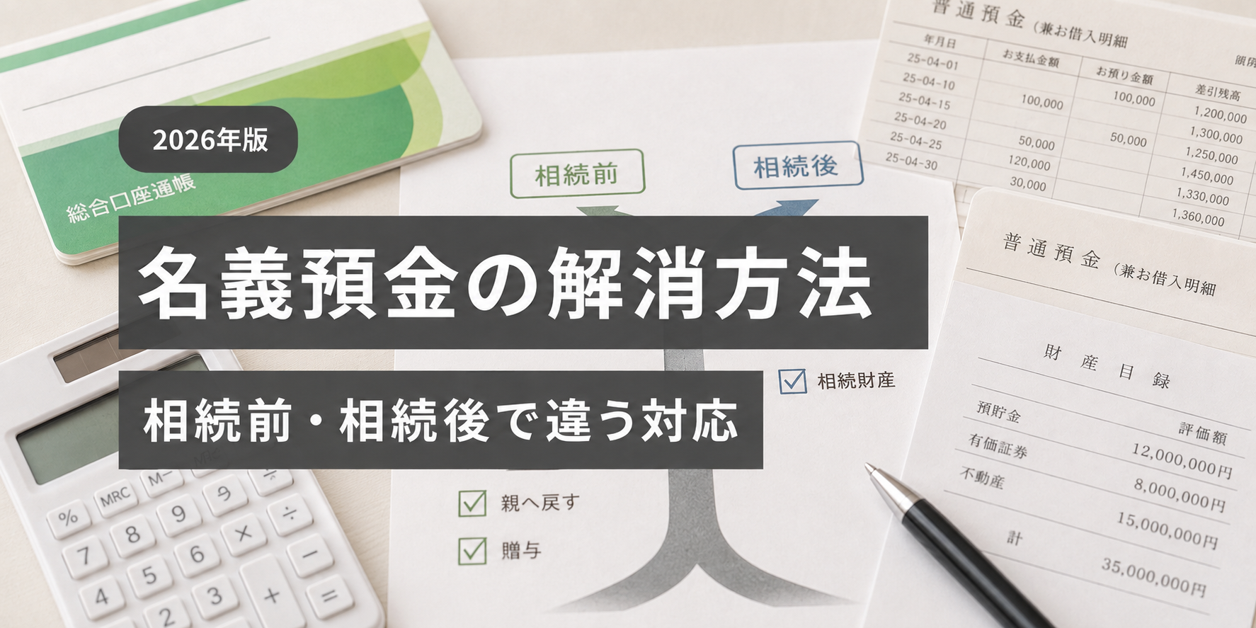 名義預金の解消方法と相続前・相続後の対応を示すアイキャッチ画像